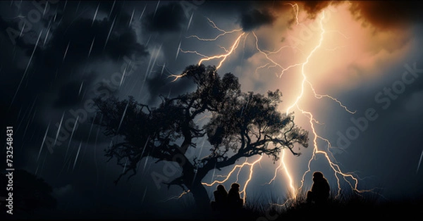 Fototapeta Silhouettes of a group of monkeys sit on the acacia tree in the savannah while the storm is raging. Yellow dangerous lightning strikes in the background Wildlife environment concept endangered spieces