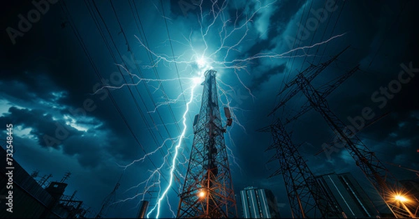 Fototapeta Gigantic tower antenna towering above a modern industrial city, is hit by the blue lightning in the night storm. Electricity sparks shatter and run down the lightning rod to the ground. Low wide angle