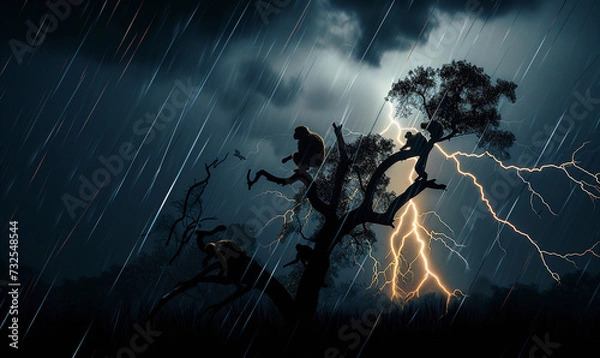 Fototapeta Silhouettes of a group of monkeys sit on the acacia tree in the savannah while the storm is raging. Yellow dangerous lightning strikes in the background Wildlife environment concept endangered spieces