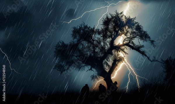 Fototapeta Silhouettes of a group of monkeys sit on the acacia tree in the savannah while the storm is raging. Yellow dangerous lightning strikes in the background Wildlife environment concept endangered spieces