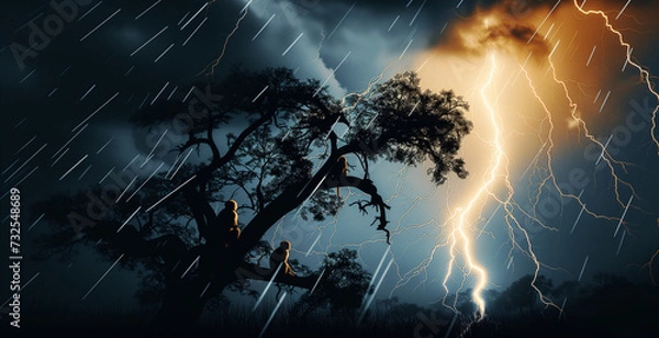 Fototapeta Silhouettes of a group of monkeys sit on the acacia tree in the savannah while the storm is raging. Yellow dangerous lightning strikes in the background Wildlife environment concept endangered spieces