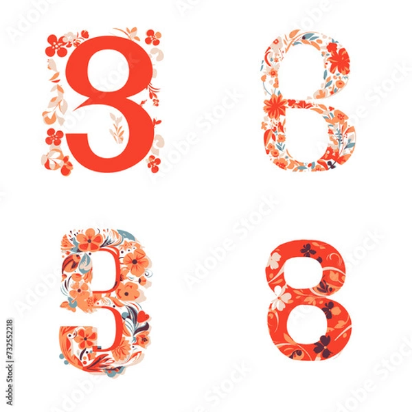 Obraz 8 March, Women's day vector greeting card with Number 8, red flowers in the flat floral style isolated on white background, colorful illustration for design web banner, flyer, cards and invitation