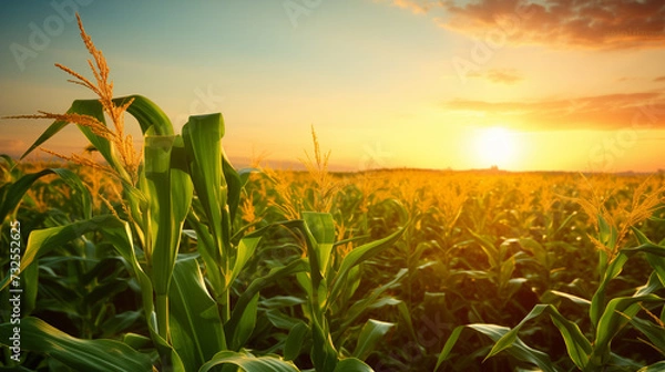 Fototapeta Spectacular sunset over a cornfield in precisionist style.