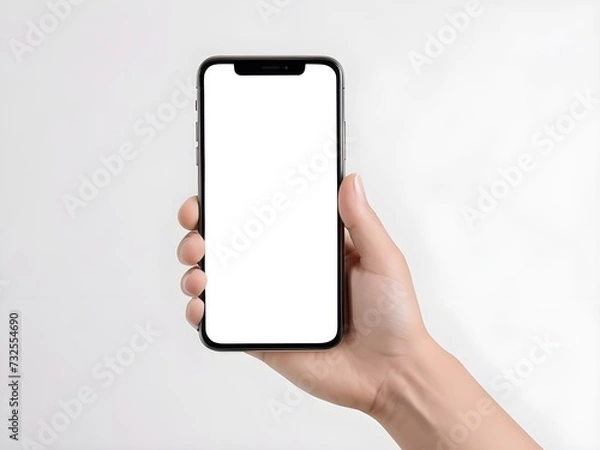 Obraz photo closeup hand holding blank white screen smartphone.