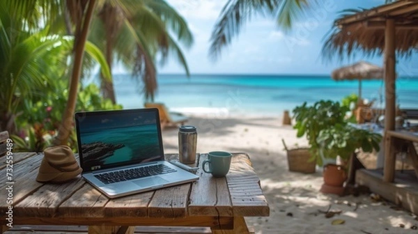 Fototapeta person with laptop from beach. Remote job concept, workation theme