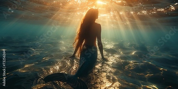Fototapeta A mermaid swimming underwater with a magnificent tail illuminated by light rays. Concept: magic and mystery of the ocean depths, mythical creatures of the depths