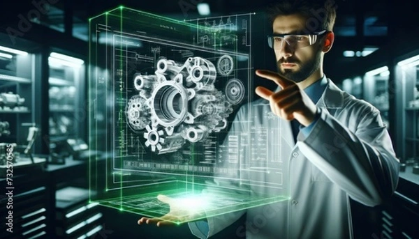 Obraz man in a lab coat interacting with a three-dimensional holographic projection of mechanical parts. a high-tech engineering or design environment.