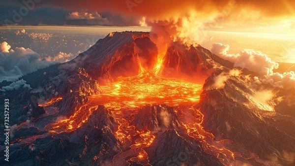 Fototapeta Apocalyptic settings around a volcano that has erupted, with flaming lava scalding and gushing out of the crater and volcanic smoke and gases filling the air.