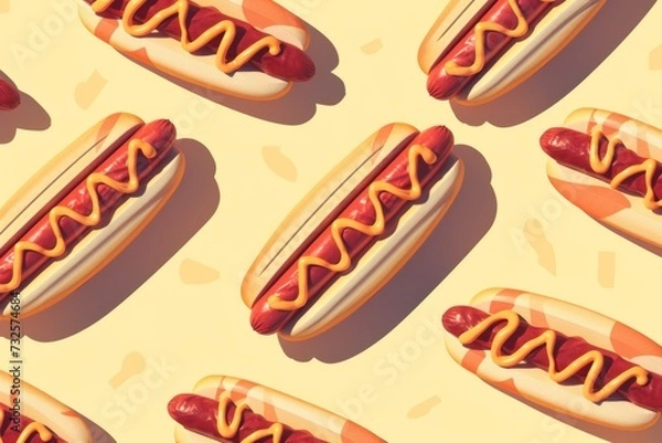 Fototapeta Illustration of multiple hot dogs with mustard on a yellow background, arranged in a pattern