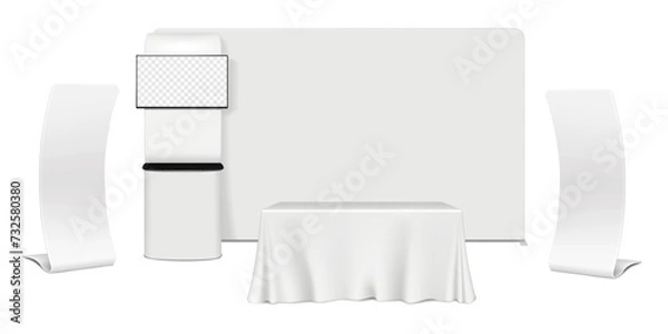 Fototapeta Trade show booth display kit. Expo set mockup. Tradeshow backdrop banner, pop LCD monitor TV video counter stand, exhibition table with tablecloth, snake banners. Vector mock-up
