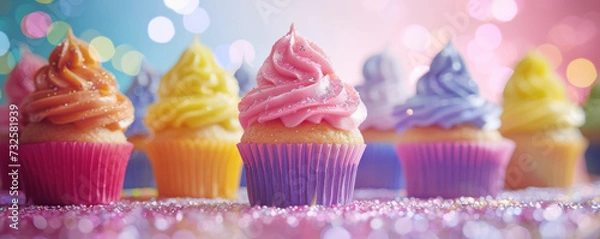 Fototapeta Pastel Cupcakes on Glittering Background
Assorted cupcakes with pastel-coloured icing displayed against a shimmering backdrop.