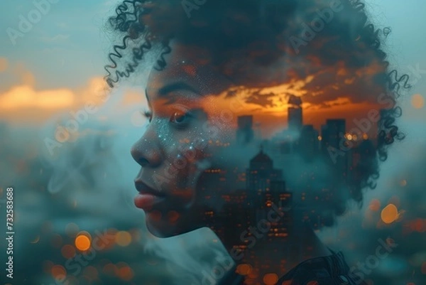 Fototapeta A serene multi-exposure image captures an African American woman's profile superimposed on the awakening city at dawn, blending the quiet of morning with urban awakening
