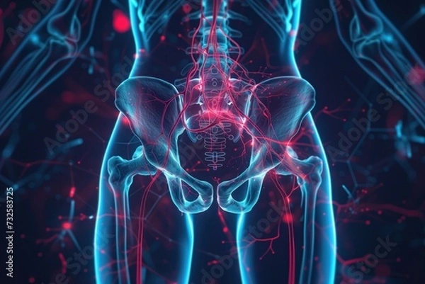 Fototapeta Detailed digital artwork displaying the human pelvic region with a vivid representation of the vascular system, highlighted in red and blue
