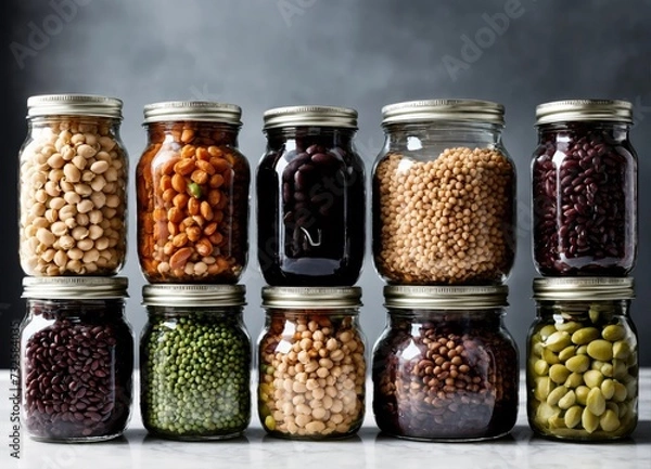 Fototapeta Different types of healthy legumes in glass jars