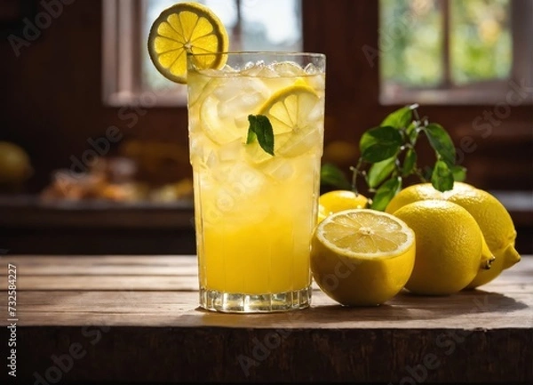 Fototapeta Refreshing lemonade with ice in a transparent glass with lemon slices