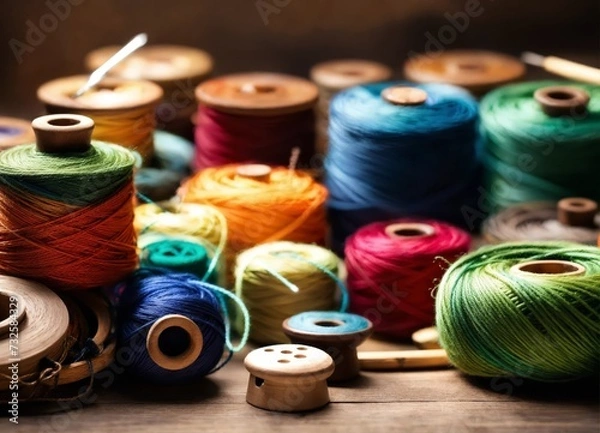 Fototapeta Skeins of multi-colored threads on a wooden table