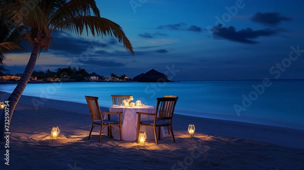 Obraz Romantic dinner setup on beach during twilight