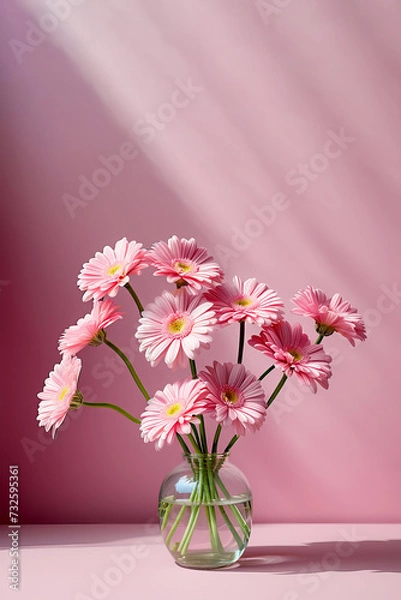 Fototapeta Bouquet of pink gerberas in the sun. Concept - greeting card or invitations. Element for design. Illustration vertical