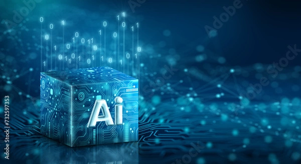 Fototapeta Ai Processor chip of Cube Technology. Big data storage, Cloud computing, Machine learning, Ai blockchain technology. Artificial intelligence learnability Concept.