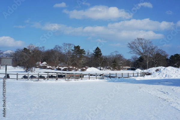 Fototapeta A view of the park in winter after it snows.