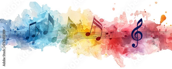Fototapeta Watercolor splashes with fluid, dynamic musical notes, isolated on a white background