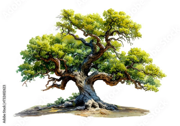 Fototapeta Watercolor painting tree with gnarled branches and lush green foliage, symbolizing age and vitality, isolated on a white background