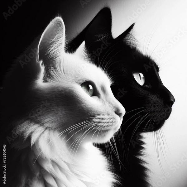 Obraz black and white harmony, black and white cat, close-up, generative AI