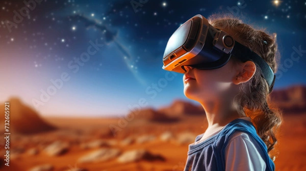 Fototapeta School child with virtual reality glasses studying astronomy against the background of the surface of Mars and the starry sky. The concept of using virtual reality in school studying