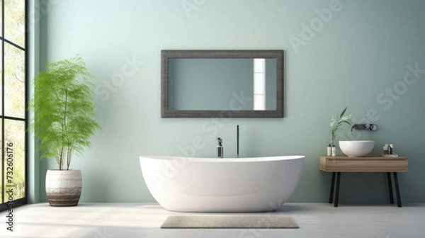 Fototapeta a mirror and table in modern bathroom with bathtub and green wall.