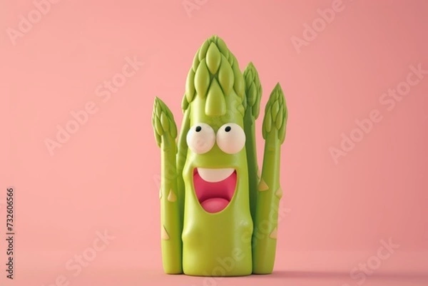 Fototapeta Cute asparagus with face 3d cartoon character, isolated on pink background