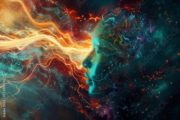 Fototapeta Surreal Fusion of Human Profile and Cosmic Energy - Generative AI