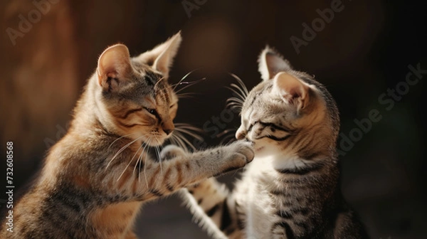 Fototapeta Two small cats playing together, realistic photo