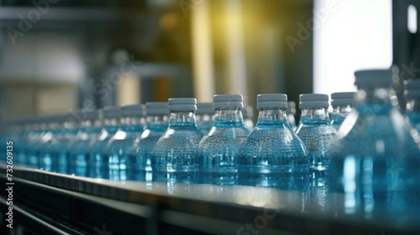 Fototapeta Close up of Drinking water factory, Bottles on a factory conveyor belt with Automatic line for packing drinking water into glass or plastic containers.