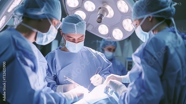 Fototapeta Skilled and cohesive surgical team meticulously performs procedures in the sterile operating room, utilizing advanced techniques to ensure successful and precise interventions for patient well-being.