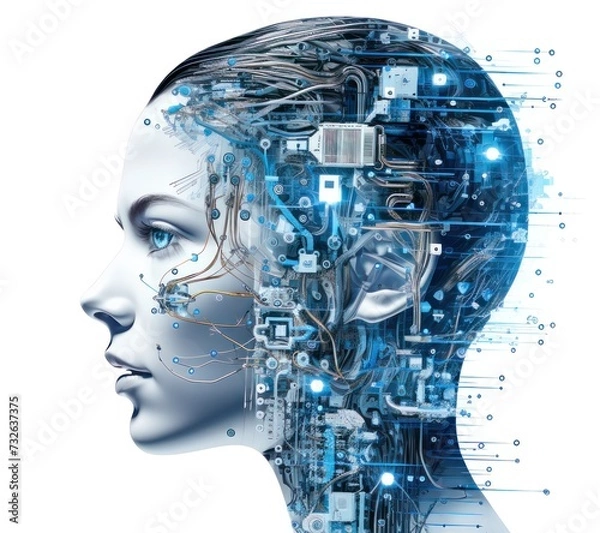 Fototapeta Realistic Artificial intelligence. Computer mind connections head. Human 3D head with circuit board inside. Engineering concept. Technology web background. Virtual concept