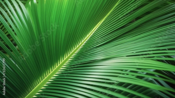 Fototapeta Close-up of a palm leaf. Green background with leaves of a tropical plant. Floral pattern background