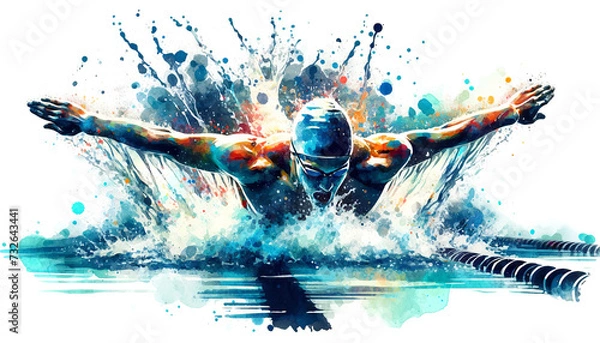 Obraz A dynamic watercolor illustration of a swimmer diving with explosive energy, merging realistic form with abstract splashes, symbolizing motion and aquatic athleticism.Sport concept.AI generated.