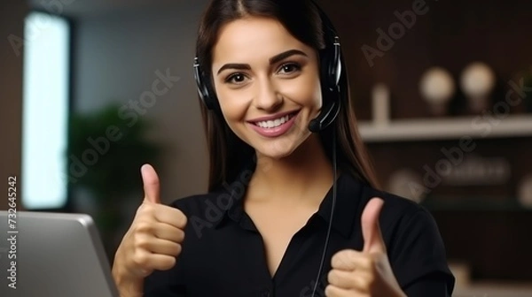 Fototapeta Consultant giving thumbs up during call center conversation Generative AI