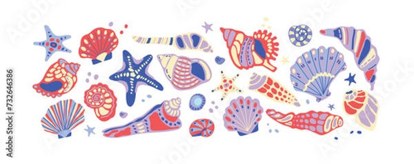 Obraz A large set of vector elements on a marine theme. Shells, starfish, pearls. Cartoon hand drawn style. Isolated elements on a white background, for the development of souvenirs, advertising, gift cards