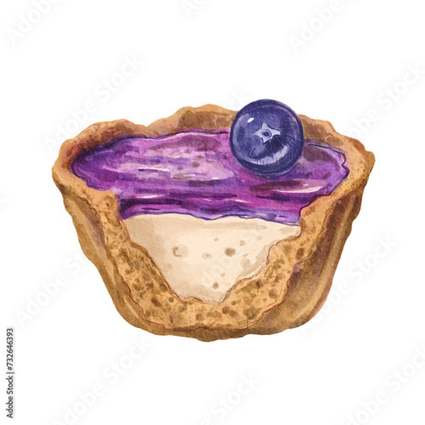 Fototapeta Berry basket with berry decoration. Watercolor illustration of a desert in basket with berries and lavender jelly. The illustrations are ideal for culinary design, dessert menus, confectionery brand.