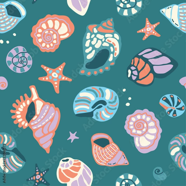 Fototapeta Vector seamless pattern with seashells and starfish, hand drawn vector isolated elements. A set of ornaments for the design of textiles, clothing, and interior. Cartoon hand drawn style.