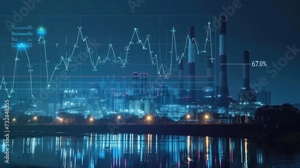 Fototapeta Market chart and stock index information against city lights and power plant. Dynamic banner for industry and financial success