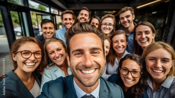 Fototapeta Happy office team taking a selfie Generative AI