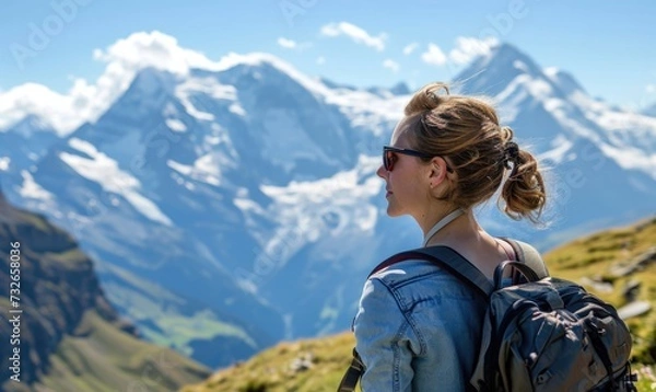 Fototapeta Swiss Alpine Adventure: A Happy Tourist Woman, Backpack-Clad, Revels in the Daytime Splendor of Jungfraujoch, Marveling at the Panoramic Views and Snow-Capped Peaks in the Swiss Alps.




