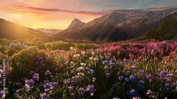 Fototapeta Fields of multicolored flowers with a mountain view in the background