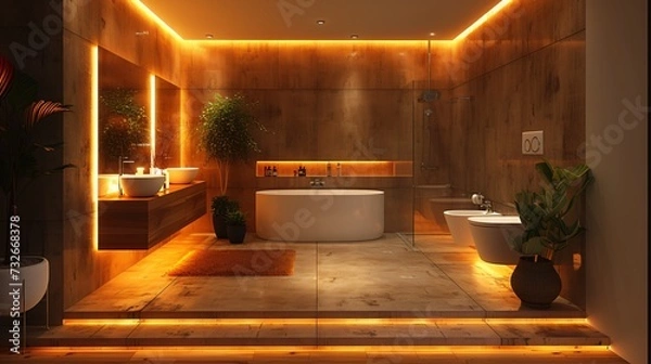 Obraz Modern and confortable bathroom illuminated by led strips, 3d render