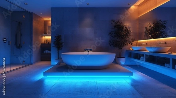 Fototapeta Modern and confortable bathroom illuminated by led strips, 3d render