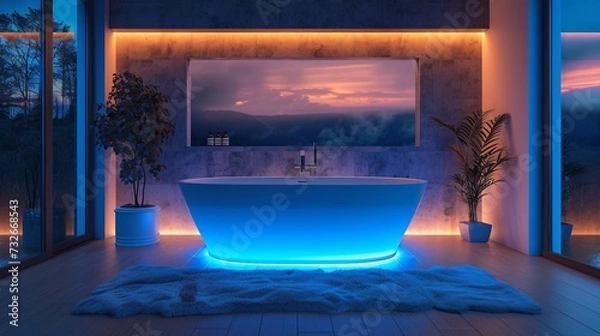 Fototapeta Modern and confortable bathroom illuminated by led strips, 3d render