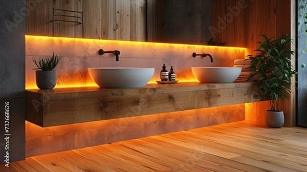 Fototapeta Modern and confortable bathroom illuminated by led strips, 3d render