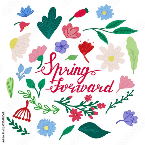 Fototapeta Daylight Saving  concept lettering.  Spring Forward Time. Vector Illustration . Floral decoration with different flavors.
